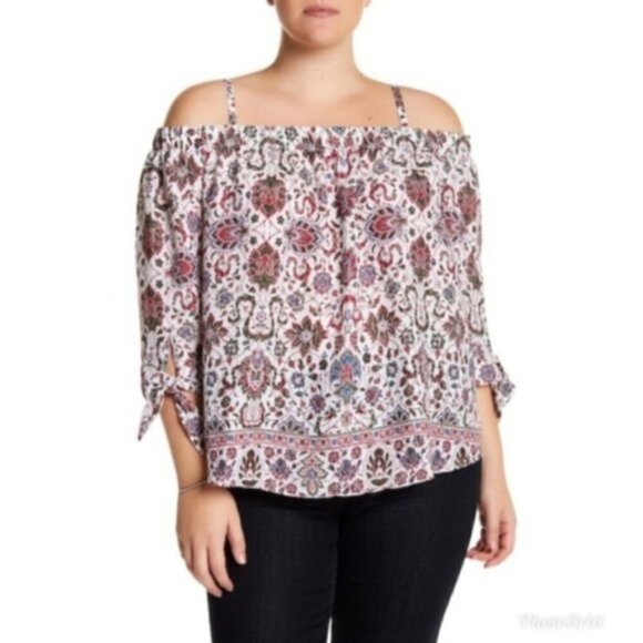 A. Byer Tops - A. Byer Womens Red White Floral Cold Shoulder 3/4 Sleeve Blouse Plus Sz 3X New